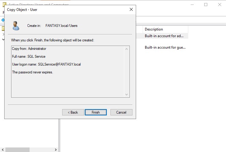 Active Directory SQL Service Account Finish