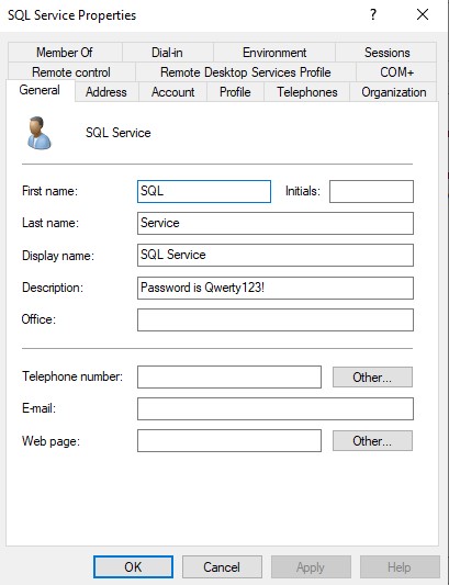 Active Directory SQL Service Account Properties
