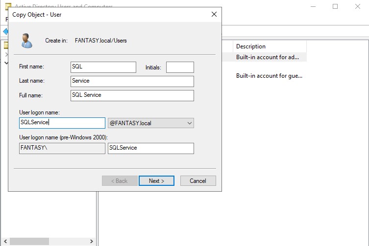 Active Directory SQL Service Account Creation