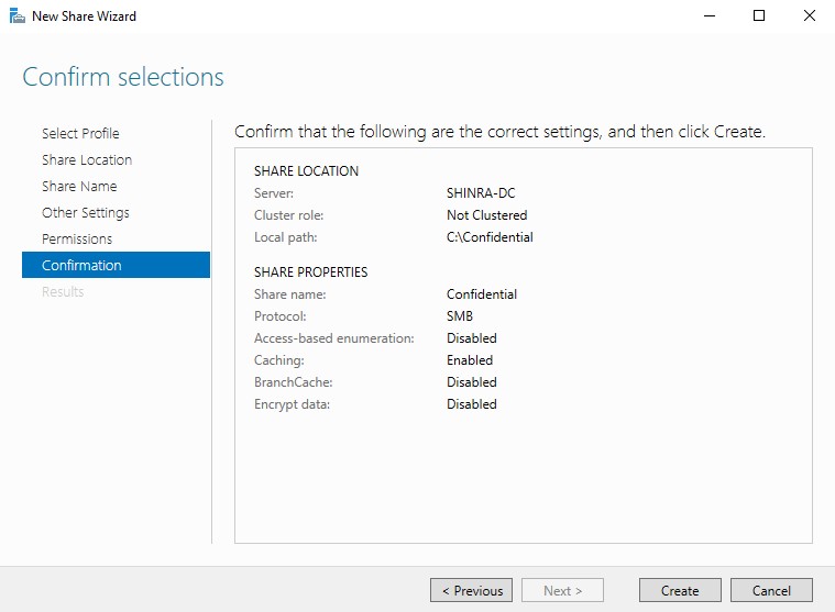 New Share Wizard Confirmation