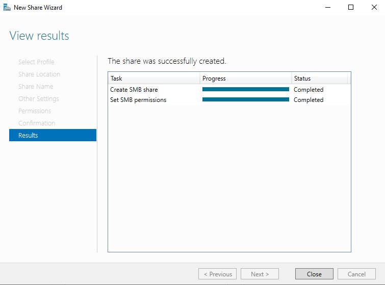 New Share Wizard Results