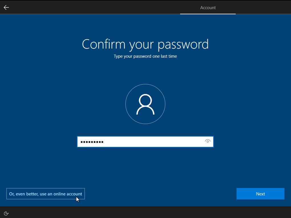 Windows 10 Setup Confirm Password