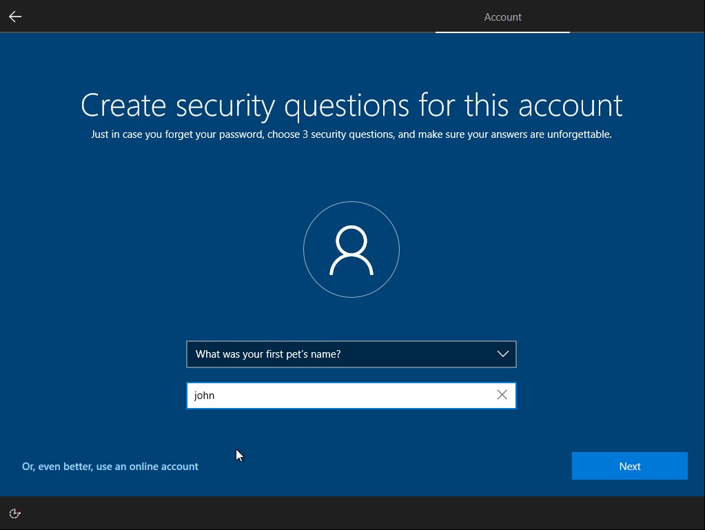 Windows 10 Setup Security Questions