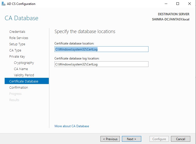AD CS Configuration Certificate Database
