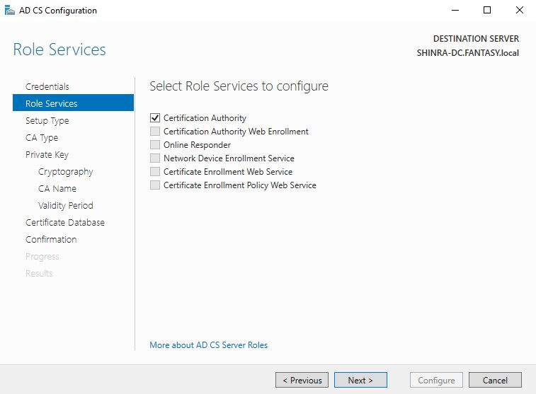 AD CS Configuration Role Services