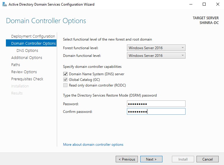 DC Configuration Wizard Domain Controller Options