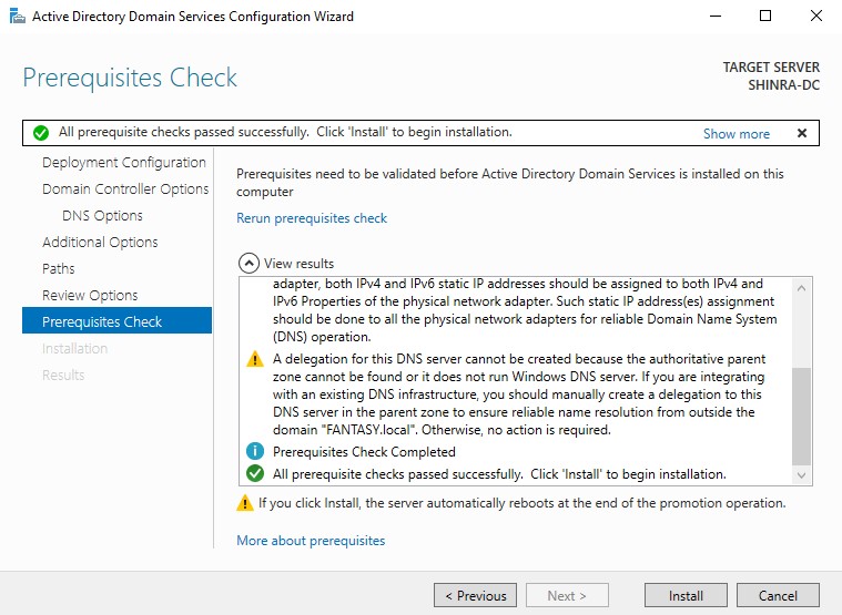 DC Configuration Wizard Prerequisite Check