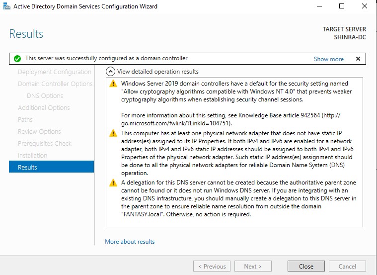 DC Configuration Wizard Prerequisite Check