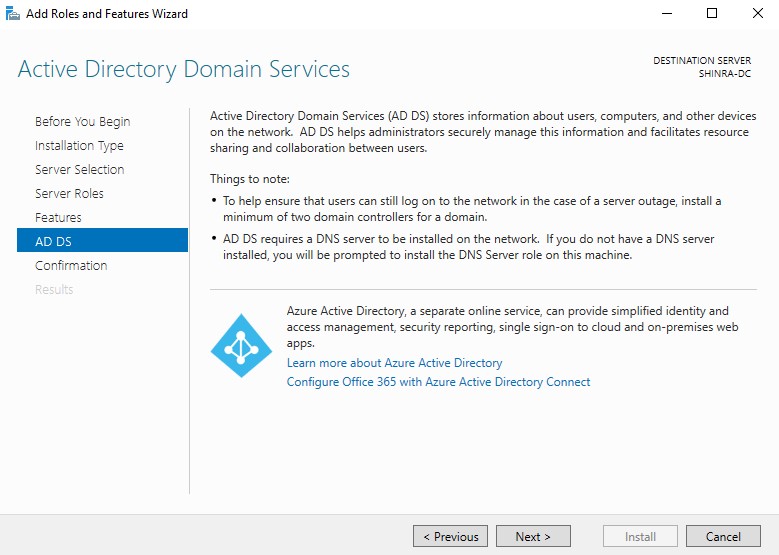 Server Roles and Features Wizard AD DS