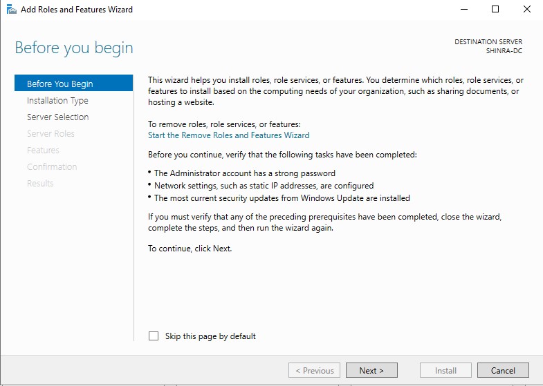 Server Roles and Features Wizard Beginning
