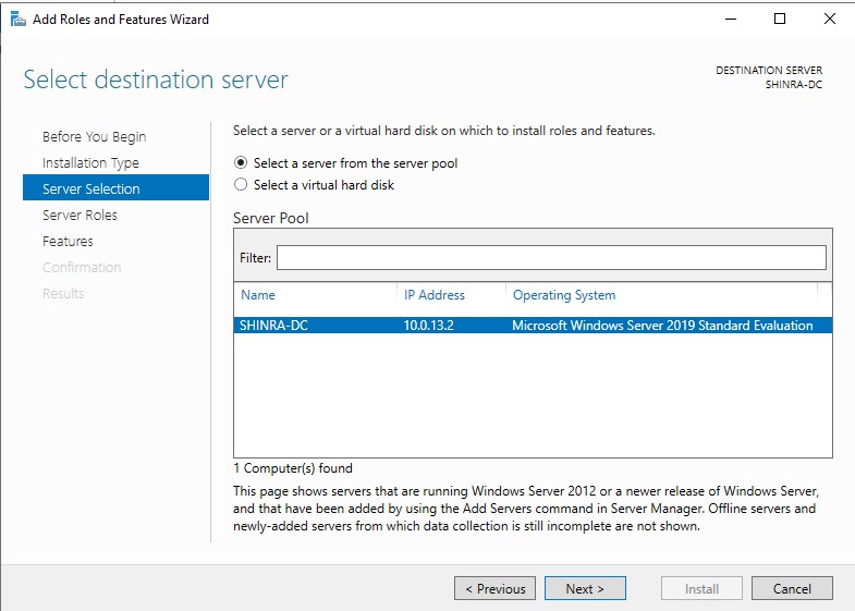 Server Roles and Features Wizard Server Selection