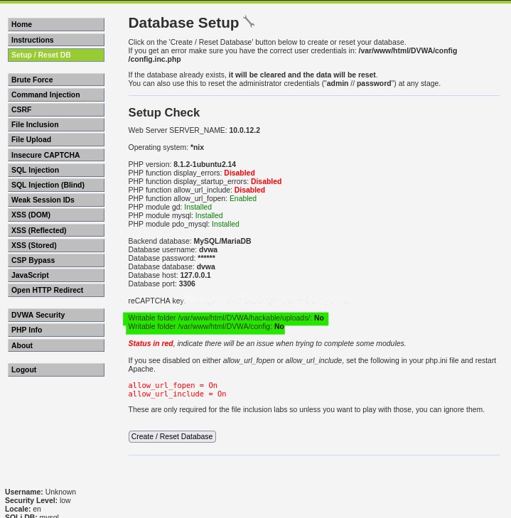 DVWA Config Setup Page