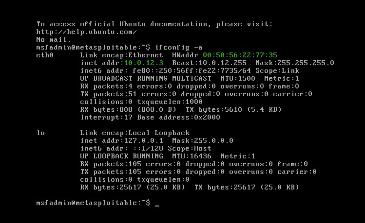 Metasploitable2 ifconfig Command