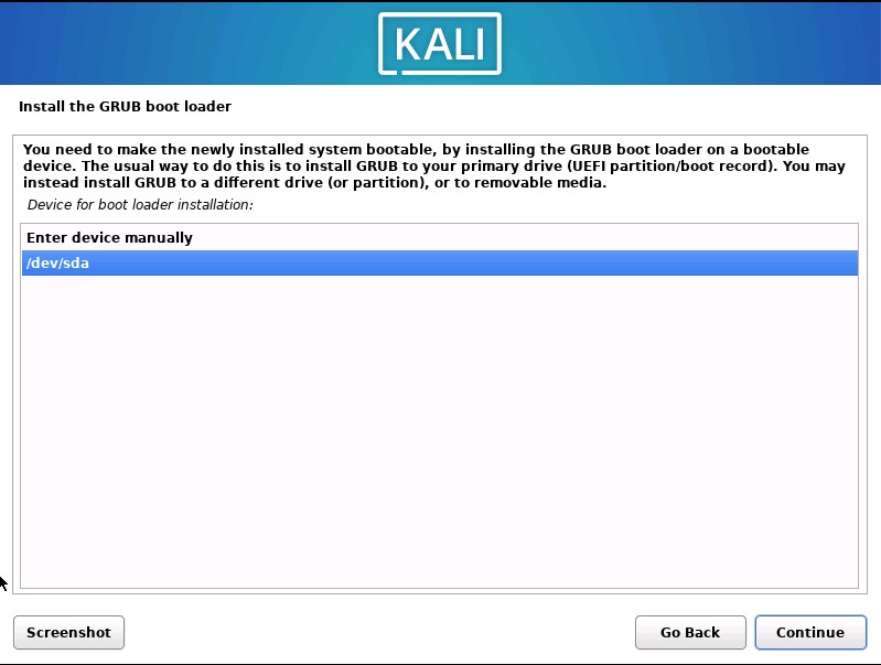Kali Install Grub Location