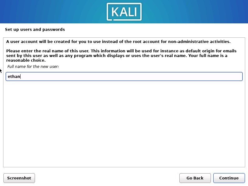 Kali Install New User