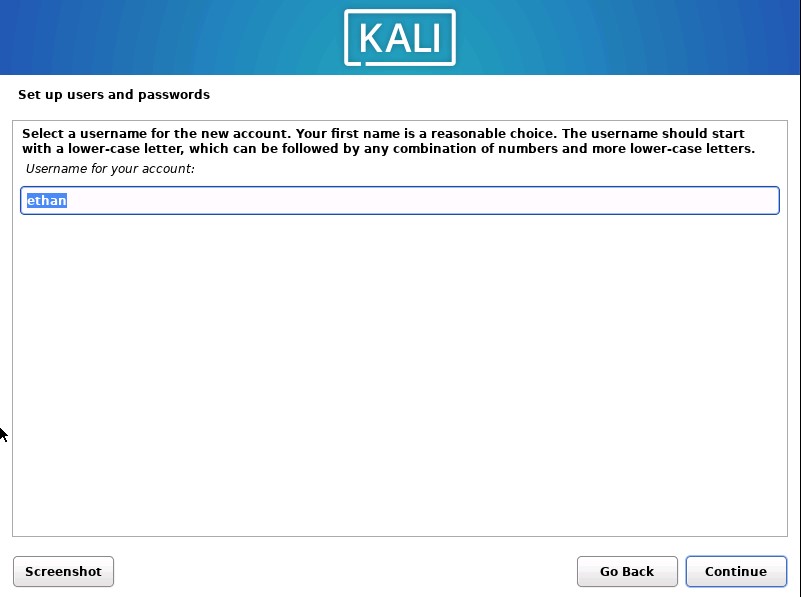 Kali Install Username