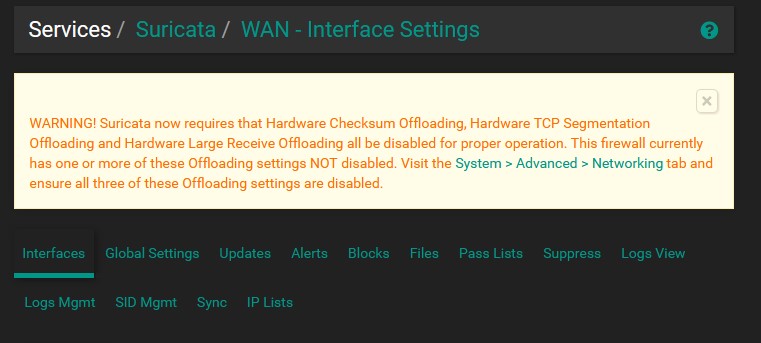 Suricata Interface Warning Message